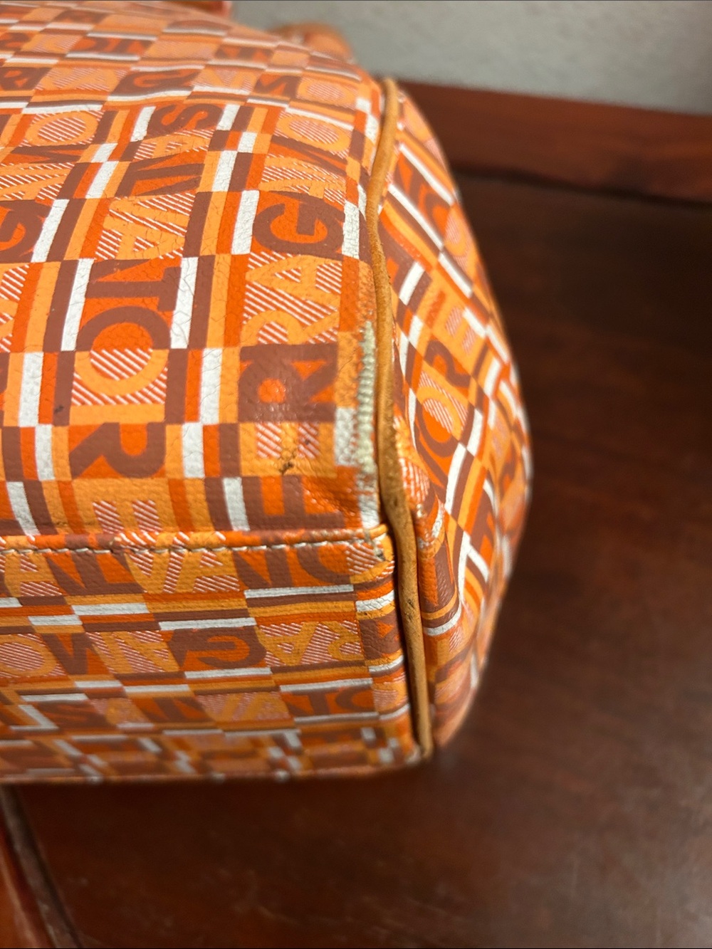 Ferragamo Orange Patterned Tote Bag with Tan Handles - Picture 6 of 11